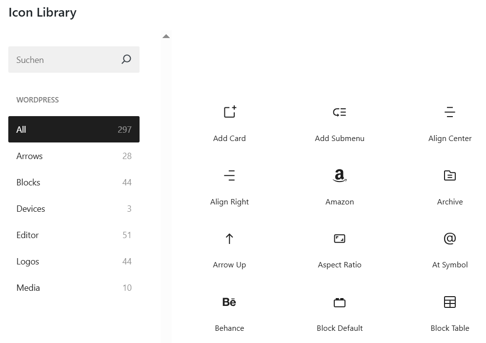 Screenshot, der einen Überblick zur WordPress-Icon-Library gibt.