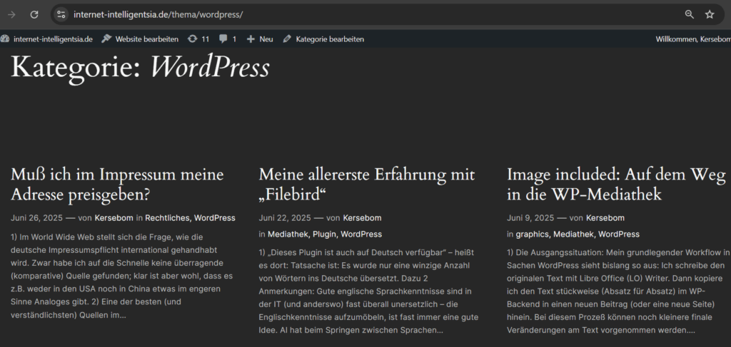 Enthält die mit der Kategorie WordPress versehenen Beiträge Nr. 1-3.