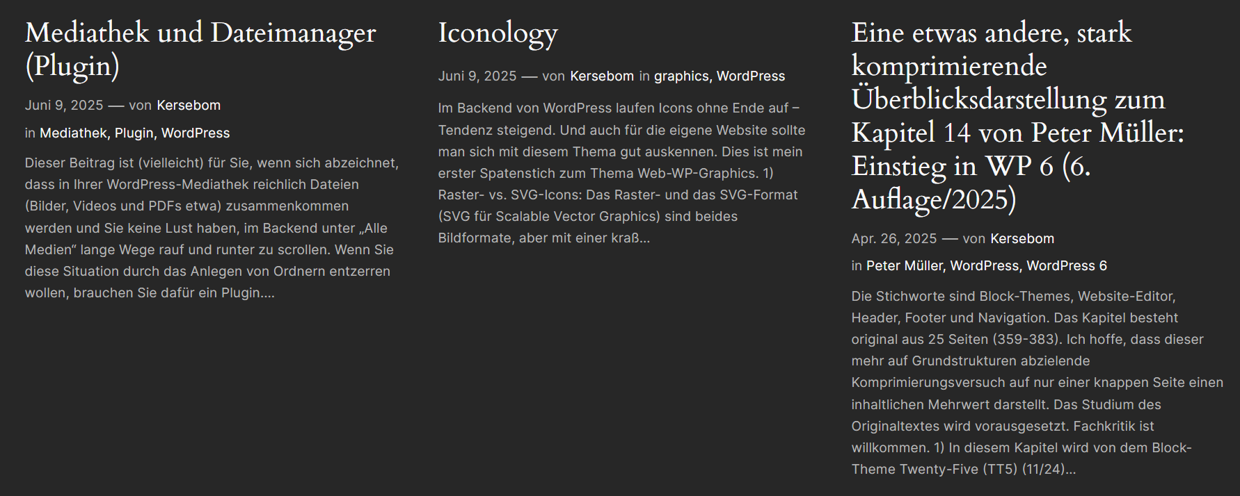 Enthält die mit der Kategorie WordPress versehenen Beiträge Nr. 4-6.